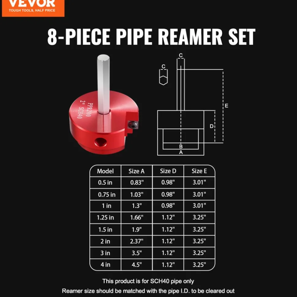 VEVOR 8Pcs PVC Pipe Reamer Kit, 8-Piece, Plastic Pipe Fitting Socket Saver Kit, Includes 1/2'', 3/4", 1", 1-1/4'', 1-1/2", 2", 3", 4'', for PVC, CPVC, ABS Fittings, for Exhaust, Drain, Water Pipes Cleaning