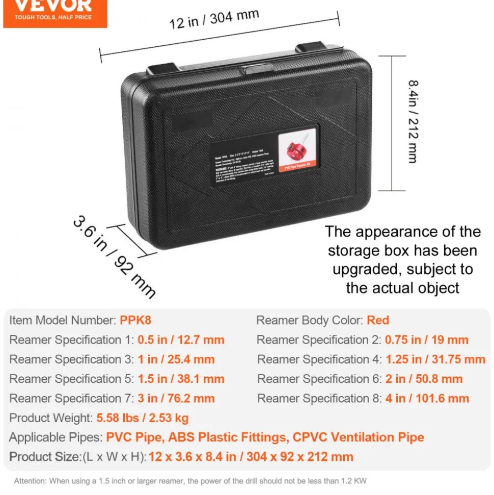 VEVOR 8Pcs PVC Pipe Reamer Kit, 8-Piece, Plastic Pipe Fitting Socket Saver Kit, Includes 1/2'', 3/4", 1", 1-1/4'', 1-1/2", 2", 3", 4'', for PVC, CPVC, ABS Fittings, for Exhaust, Drain, Water Pipes Cleaning