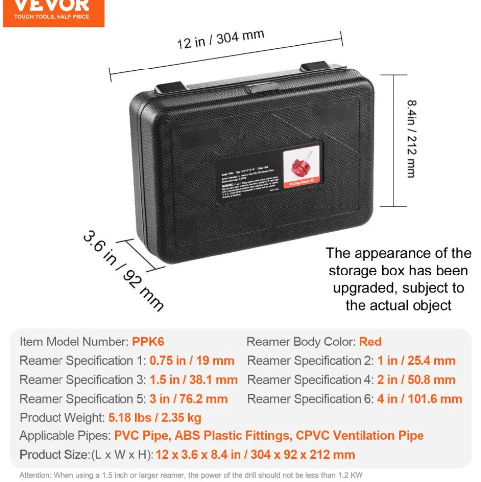 VEVOR 6Pcs PVC Pipe Reamer Kit, Plastic Pipe Fitting Socket Saver Kit, Includes 3/4", 1", 1-1/2", 2", 3", 4'', for PVC, CPVC, ABS Fittings, with Tool Box, for Exhaust, Drain, Water Pipes Cleaning