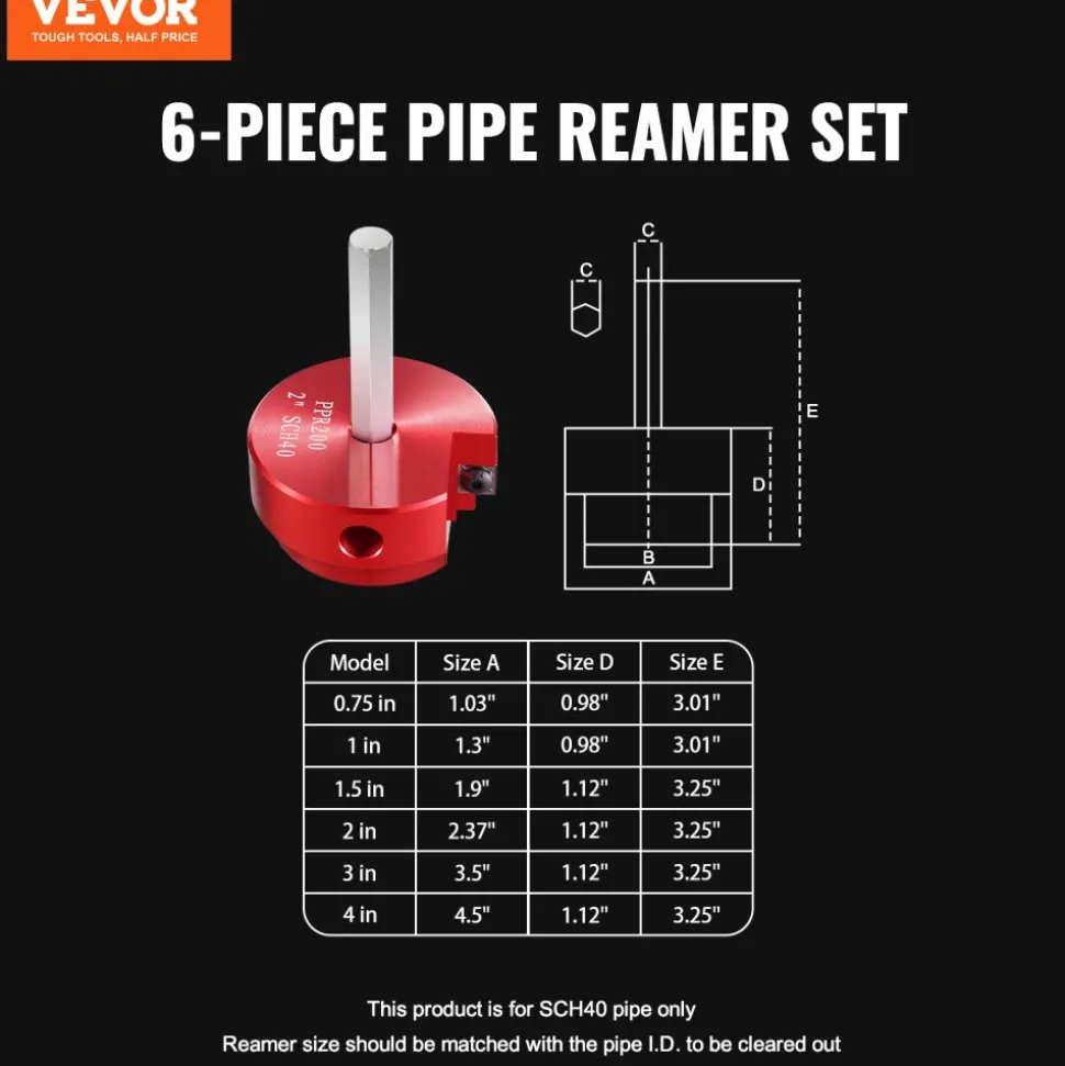 VEVOR 6Pcs PVC Pipe Reamer Kit, Plastic Pipe Fitting Socket Saver Kit, Includes 3/4", 1", 1-1/2", 2", 3", 4'', for PVC, CPVC, ABS Fittings, with Tool Box, for Exhaust, Drain, Water Pipes Cleaning