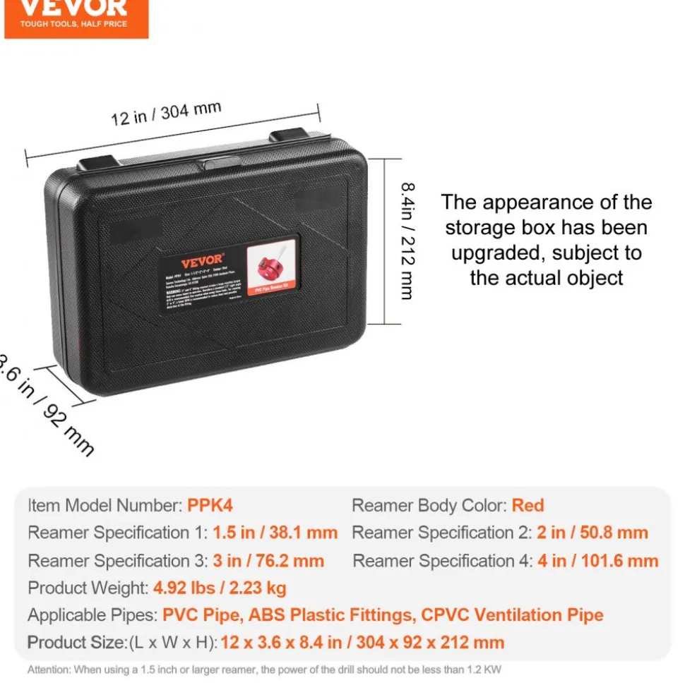 VEVOR 4Pcs PVC Pipe Reamer Kit, Plastic Pipe Fitting Socket Saver Tool Kit, Includes 1-1/2", 2", 3", 4", for PVC, CPVC, and ABS Fittings, with Tool Box, for Exhaust, Drain, Water Pipes Cleaning