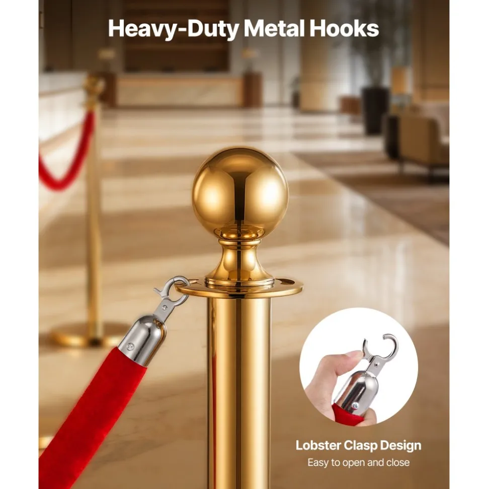 VEVOR 4 Pcs Red Velvet Stanchion Ropes, 5 ft Crowd Control Stanchion Red Velvet Ropes with Silver Hooks, Post Queue Barrier Carpet Rope for Carpet Events Movie Theaters Grand Openings Hotels Party