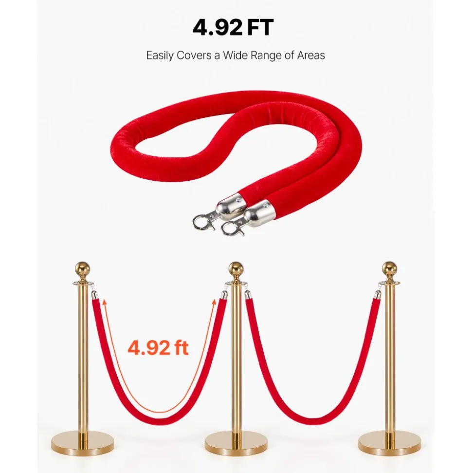 VEVOR 4 Pcs Red Velvet Stanchion Ropes, 5 ft Crowd Control Stanchion Red Velvet Ropes with Silver Hooks, Post Queue Barrier Carpet Rope for Carpet Events Movie Theaters Grand Openings Hotels Party