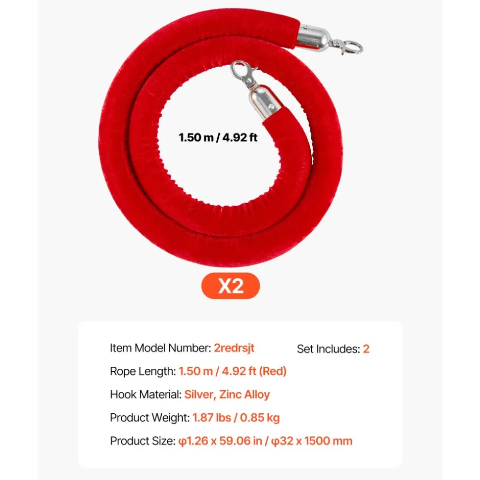 VEVOR 4 Pcs Red Velvet Stanchion Ropes, 5 ft Crowd Control Stanchion Red Velvet Ropes with Silver Hooks, Post Queue Barrier Carpet Rope for Carpet Events Movie Theaters Grand Openings Hotels Party