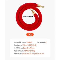 VEVOR 2 Pcs Red Velvet Stanchion Ropes, 5 ft Crowd Control Stanchion Red Velvet Ropes with Gold Hooks, Post Queue Barrier Carpet Rope for Carpet Events Movie Theaters Grand Openings Hotels Party