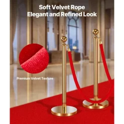 VEVOR 2 Pcs Red Velvet Stanchion Ropes, 5 ft Crowd Control Stanchion Red Velvet Ropes with Gold Hooks, Post Queue Barrier Carpet Rope for Carpet Events Movie Theaters Grand Openings Hotels Party