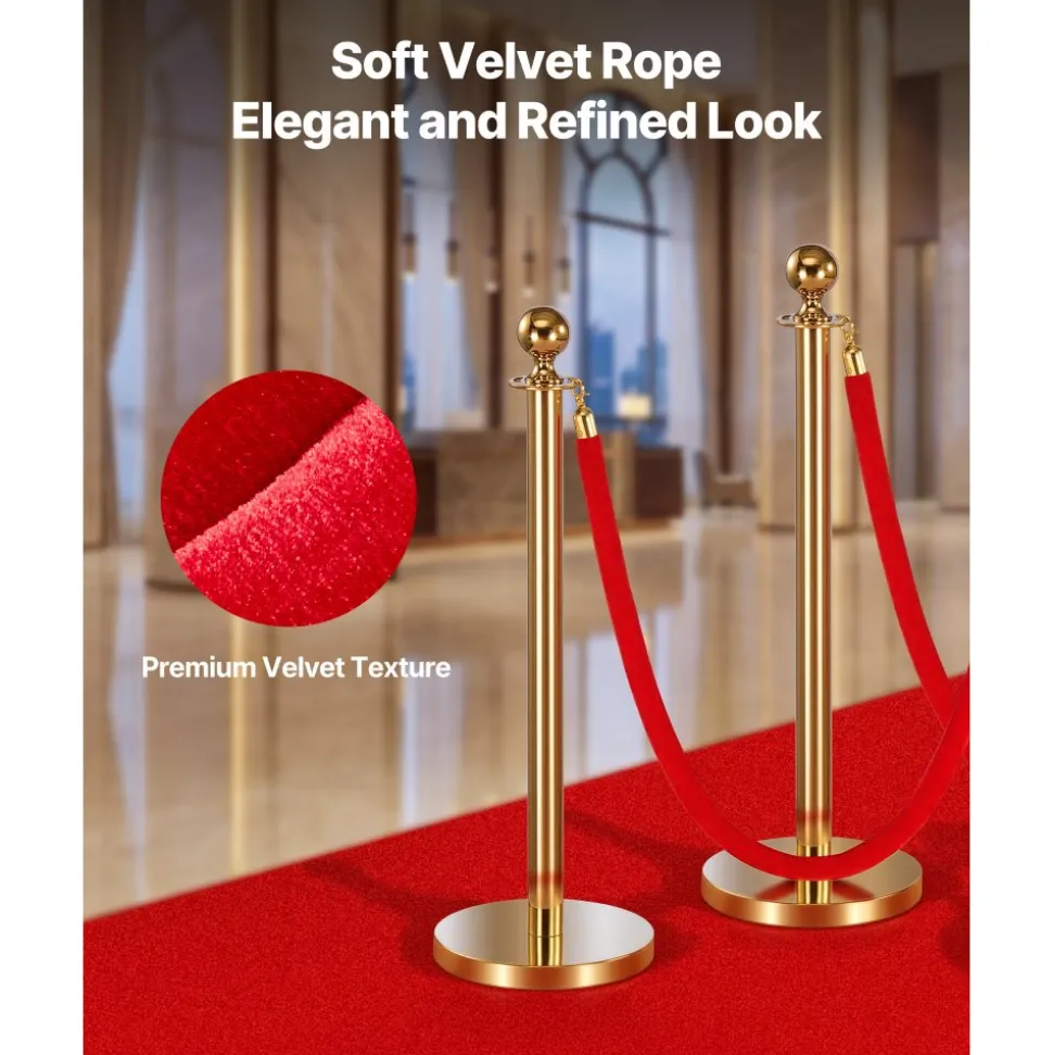 VEVOR 2 Pcs Red Velvet Stanchion Ropes, 5 ft Crowd Control Stanchion Red Velvet Ropes with Gold Hooks, Post Queue Barrier Carpet Rope for Carpet Events Movie Theaters Grand Openings Hotels Party