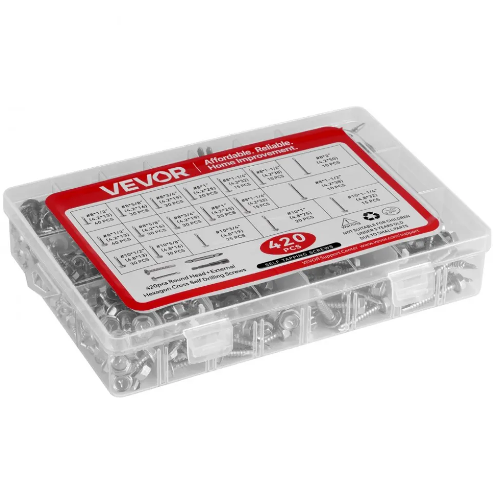 VEVOR 420 PCS Self Drilling Screws, Stainless Steel #8 #10 Sheet Metal Screw Assortment Kit for Metal and Wood, Phillips Truss Head & Hex Head Self Tapping Screws, Length 1/2 Inch to 2 Inch, Silver