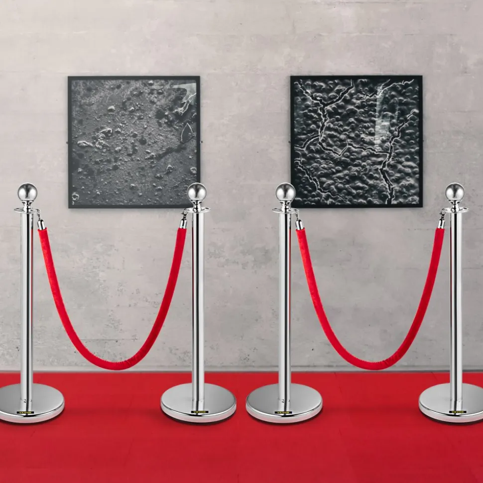 VEVOR 4PCS Stainless Steel Stanchion Posts Queue, Red Velvet Ropes Silver Post, 5FT Rope Barriers Queue Line Crowd Control Barriers for Party Supplies