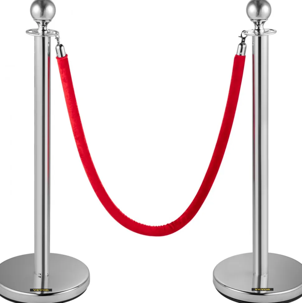 VEVOR 4PCS Stainless Steel Stanchion Posts Queue, Red Velvet Ropes Silver Post, 5FT Rope Barriers Queue Line Crowd Control Barriers for Party Supplies