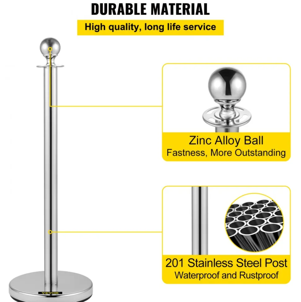 VEVOR 4PCS Stainless Steel Stanchion Posts Queue, Red Velvet Ropes Silver Post, 5FT Rope Barriers Queue Line Crowd Control Barriers for Party Supplies