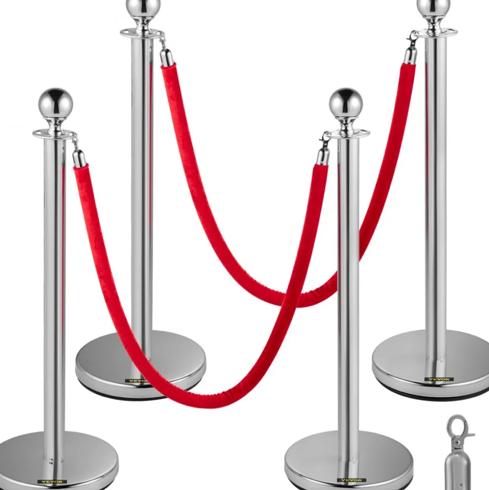 VEVOR 4PCS Stainless Steel Stanchion Posts Queue, Red Velvet Ropes Silver Post, 5FT Rope Barriers Queue Line Crowd Control Barriers for Party Supplies