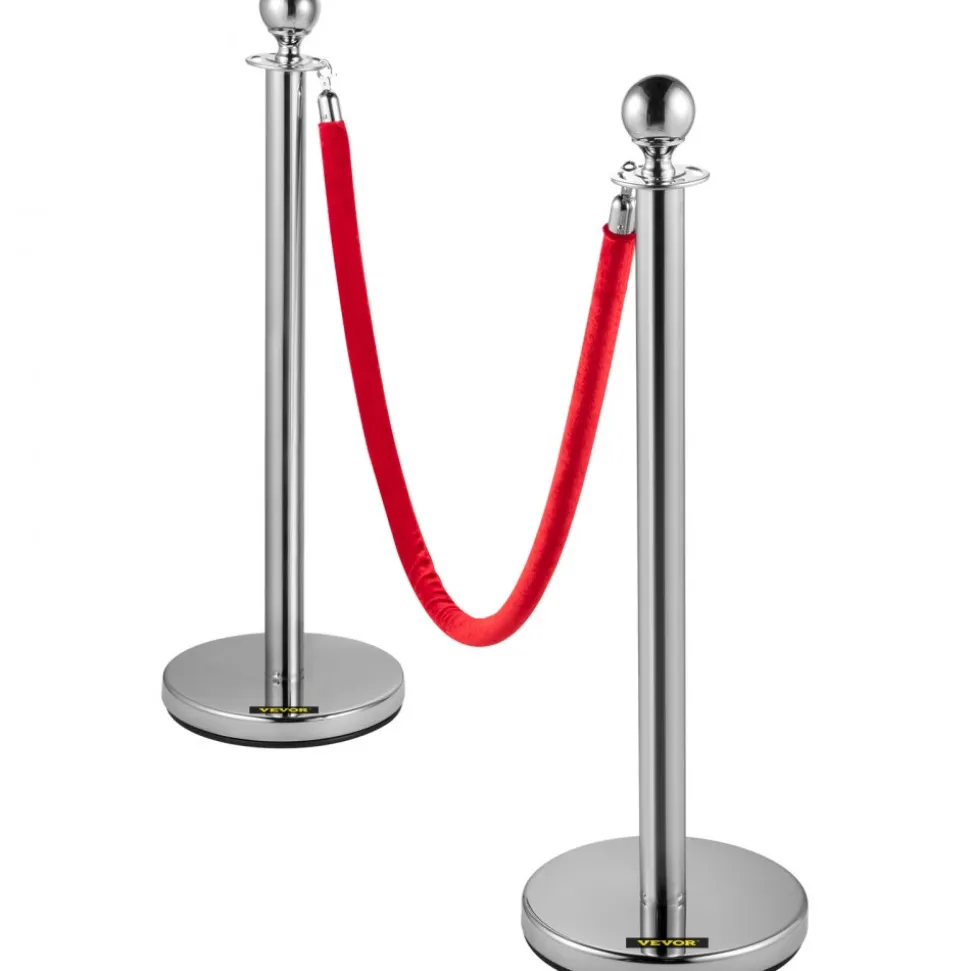 VEVOR 4PCS Stainless Steel Stanchion Posts Queue, Red Velvet Ropes Silver Post, 5FT Rope Barriers Queue Line Crowd Control Barriers for Party Supplies