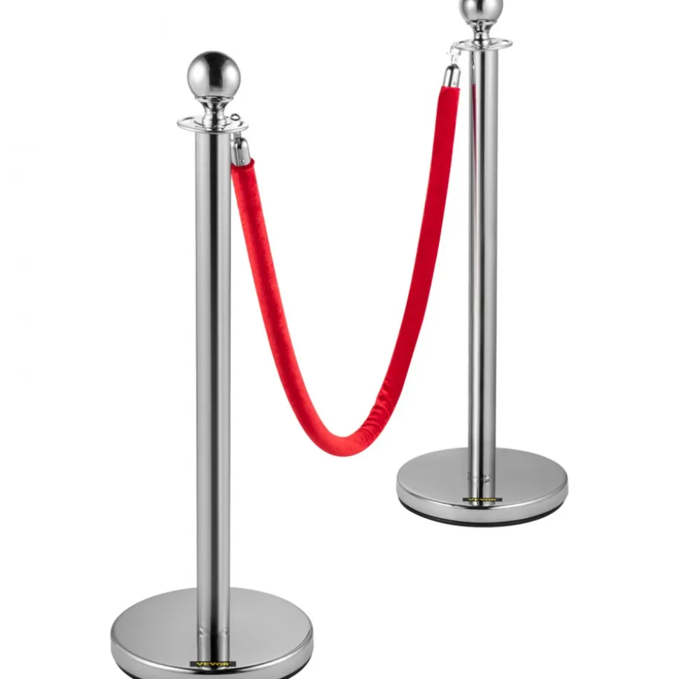 VEVOR 4PCS Stainless Steel Stanchion Posts Queue, Red Velvet Ropes Silver Post, 5FT Rope Barriers Queue Line Crowd Control Barriers for Party Supplies
