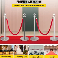 VEVOR 4PCS Stainless Steel Stanchion Posts Queue, Red Velvet Ropes Silver Post, 5FT Rope Barriers Queue Line Crowd Control Barriers for Party Supplies