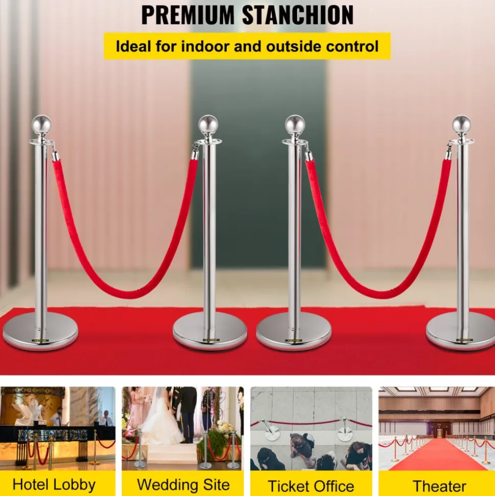 VEVOR 4PCS Stainless Steel Stanchion Posts Queue, Red Velvet Ropes Silver Post, 5FT Rope Barriers Queue Line Crowd Control Barriers for Party Supplies