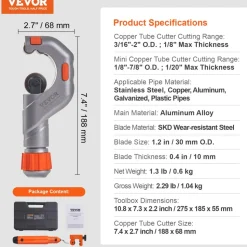 VEVOR 3PCS Tubing Cutter Set - Heavy Duty Pipe Cutter 3/16"-2"OD, Mini Tube Cutter 1/8"-7/8" & Deburring Tool, Professional Ultimate Pipe Cutter Set for Stainless Steel, Copper, Aluminum, Plastic Pipe