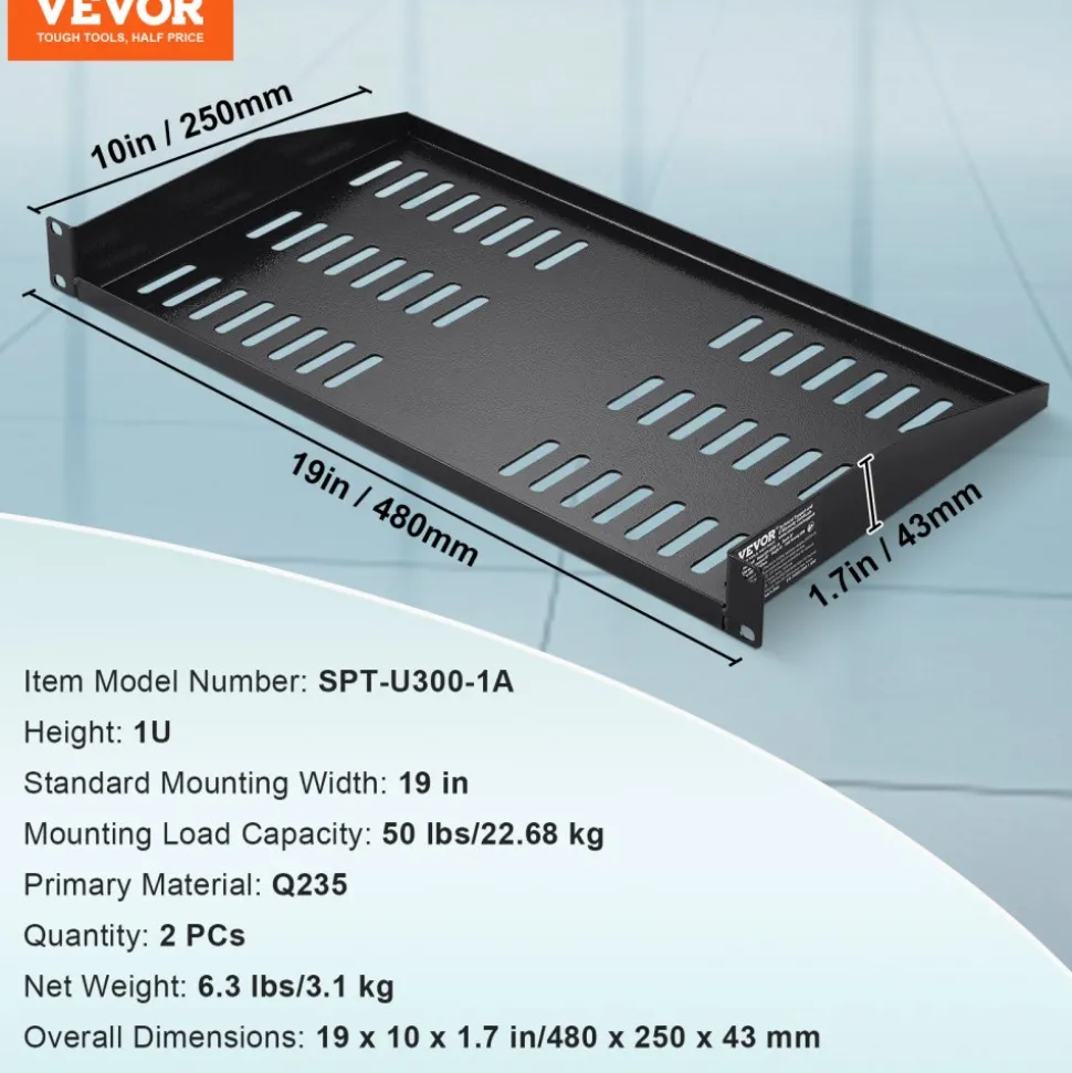 VEVOR 2PCS 1U Server Rack Shelf, 10"/254 mm Depth, 50 lbs Max Load Capacity Vented Cantilever or Wall Mount Rack Mount Shelf with Tray, Good Air Circulation for 19" Network Cabinet or Equipment Rack