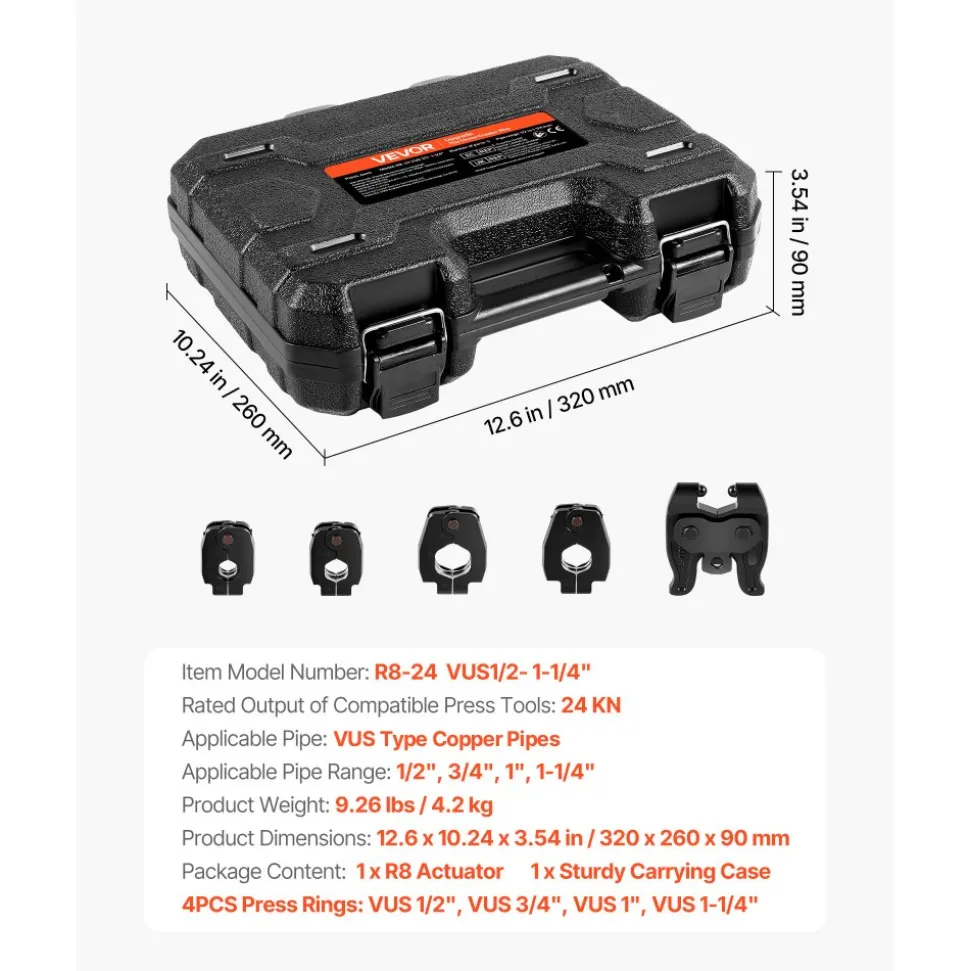 VEVOR 5PCS VUS Pressing Kit, 4PCS Press Rings (1/2", 3/4", 1", 1-1/4") & R8 Actuator - Compatible with ProPress Copper Pipes, Work with 24KN Compact Press Tools for 180° Operation