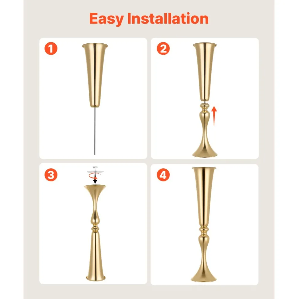 VEVOR 12 PCS Wedding Flower Vase, 21.7 in Tall Trumpet Flower Table Centerpieces, Banquet Vases Easy Installation, Electroplated Versatile Arrangement Stand for Party Events Home Decor Reception, Gold