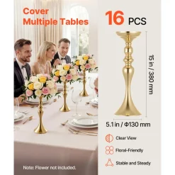 VEVOR 16 PCS Wedding Flower Vase, 15 in Tall Flower Table Centerpieces, Crystal Banquet Vases Easy Installation, Electroplated Versatile Arrangement Stand for Party Events Home Decor Reception, Gold