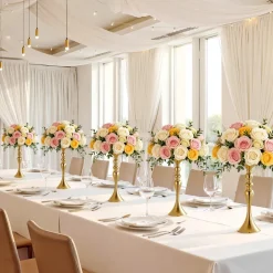 VEVOR 16 PCS Wedding Flower Vase, 15 in Tall Flower Table Centerpieces, Crystal Banquet Vases Easy Installation, Electroplated Versatile Arrangement Stand for Party Events Home Decor Reception, Gold