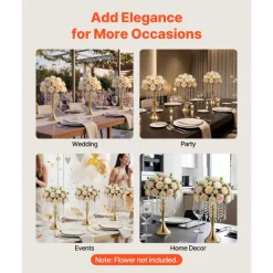 VEVOR 20 PCS Wedding Flower Vase, 13.4 in Tall Flower Table Centerpieces, Crystal Banquet Vases Easy Installation, Electroplated Finish, Versatile Arrangement Stand for Party Events Home Decor, Gold