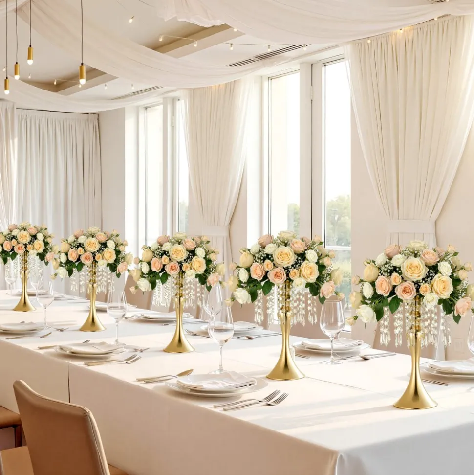 VEVOR 20 PCS Wedding Flower Vase, 13.4 in Tall Flower Table Centerpieces, Crystal Banquet Vases Easy Installation, Electroplated Finish, Versatile Arrangement Stand for Party Events Home Decor, Gold