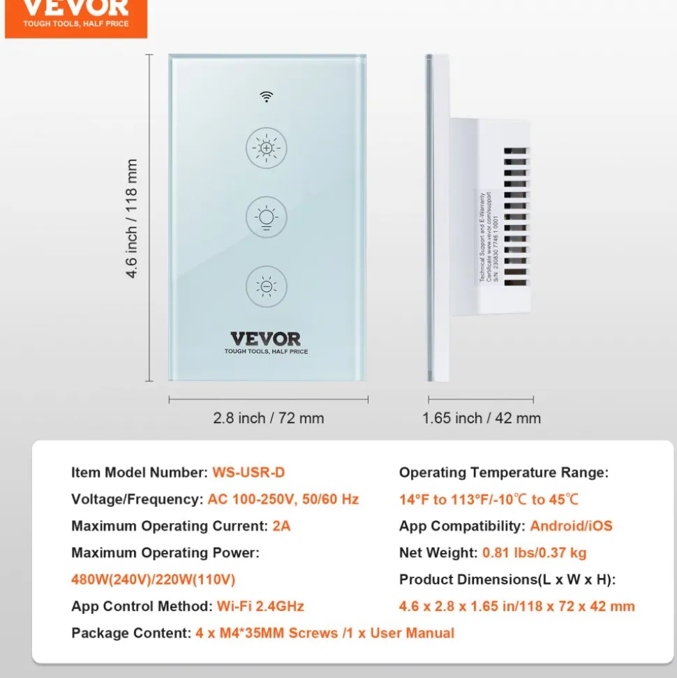 VEVOR 2PCS WiFi Smart Light Dimmer Switch, 100-250V AC Wi-Fi 2.4GHz, 15% to 85% Stepless Dimming LED Dimmable Smart Switch with Touch Panel, App Remote Control Voice Compatible with Alexa Google Home