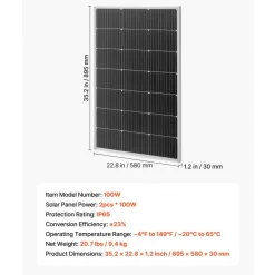 VEVOR 2PCS 100W Monocrystalline Solar Panels, 23% High-Efficiency Mono PV Module with Stable MC4 Output & Aluminum Frame, IP65 Waterproof Solar Panel for Car Boat RV Flat Rooftop Off-Grid Applications