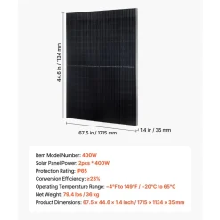 VEVOR 2PCS 400W Monocrystalline Solar Panels, 23% High-Efficiency Mono PV Module with Stable MC4 Output & Aluminum Frame, IP65 Waterproof Solar Panel for Car Boat RV Flat Rooftop Off-Grid Applications