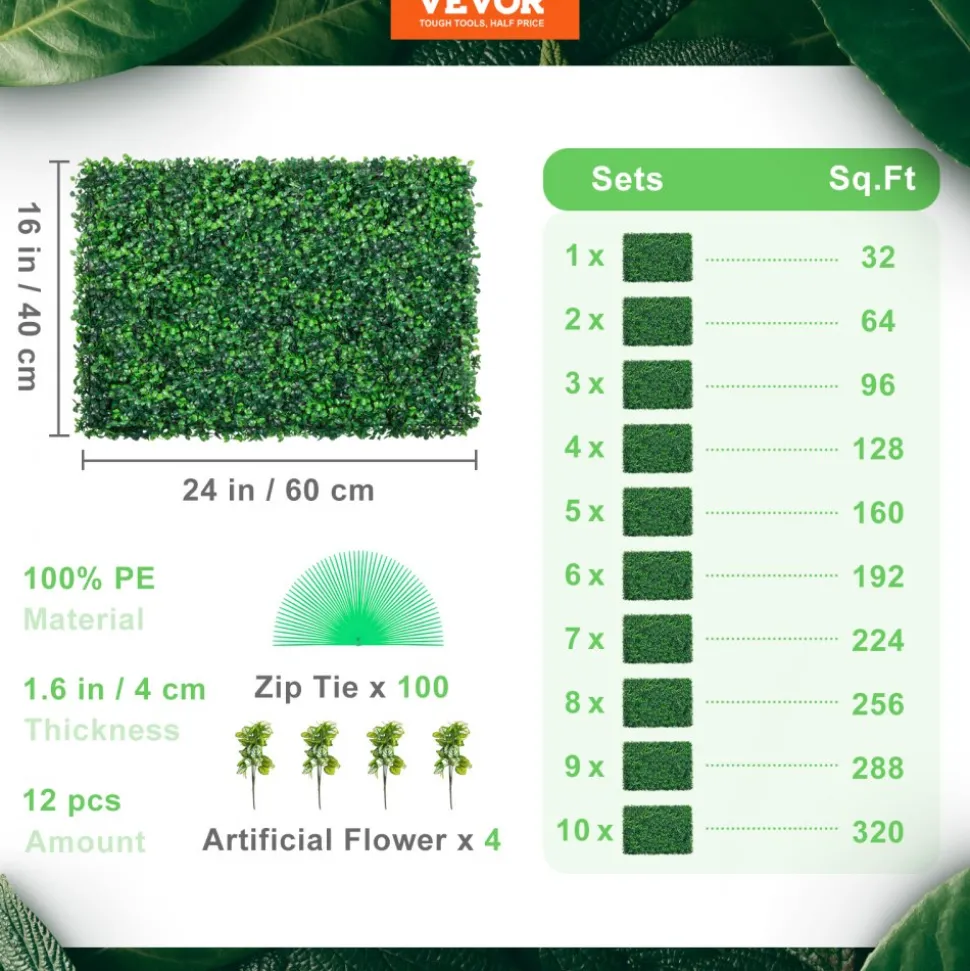 VEVOR 12PCS 24"x16" Grass Wall Panels for 32 SQ Feet, Boxwood Hedge Wall Panels, Artificial Grass Backdrop Wall 1.6", Privacy Hedge Screen UV Protected for Outdoor Indoor Garden Fence Backyard