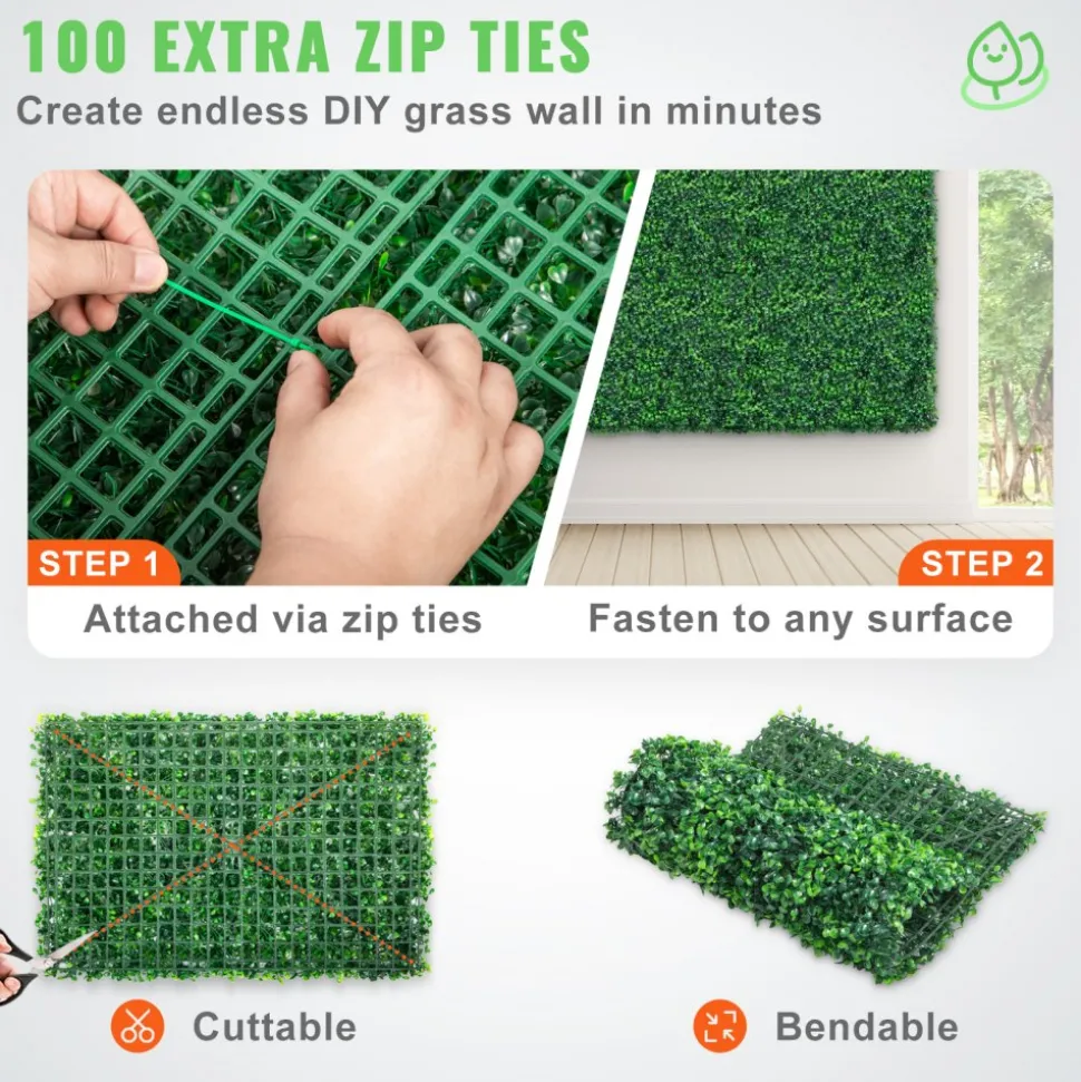 VEVOR 12PCS 24"x16" Grass Wall Panels for 32 SQ Feet, Boxwood Hedge Wall Panels, Artificial Grass Backdrop Wall 1.6", Privacy Hedge Screen UV Protected for Outdoor Indoor Garden Fence Backyard
