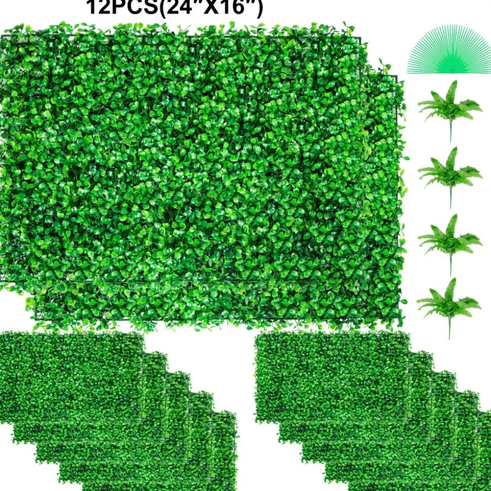 VEVOR 12PCS 24"x16" Grass Wall Panels for 32 SQ Feet, Boxwood Hedge Wall Panels, Artificial Grass Backdrop Wall 1.6", Privacy Hedge Screen UV Protected for Outdoor Indoor Garden Fence Backyard
