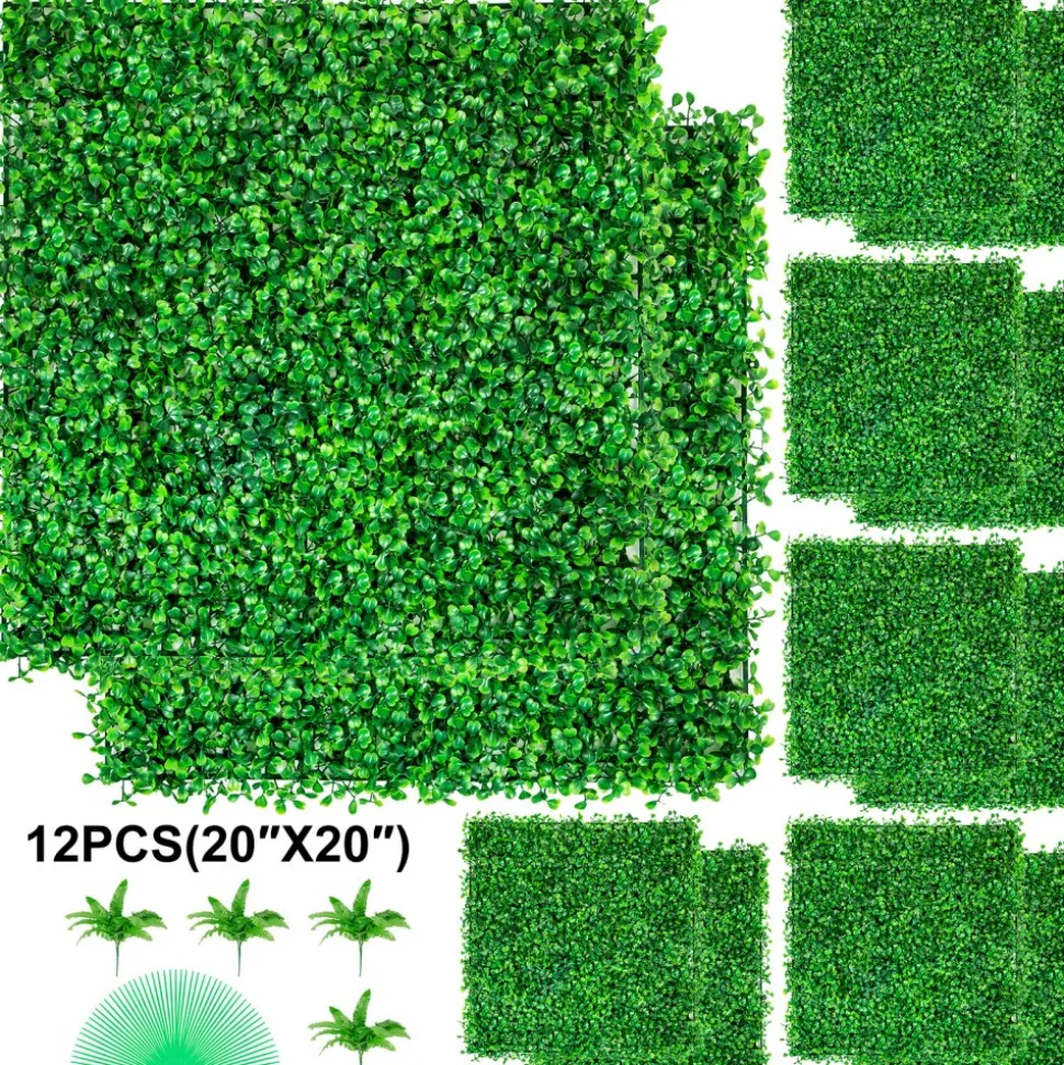 VEVOR 12PCS 20x20inch Artificial Boxwood Panels,Boxwood Hedge Wall Panels,Artificial Grass Backdrop Wall 1.6",Privacy Hedge Screen UV Protected for Outdoor Indoor Garden Fence Backyard