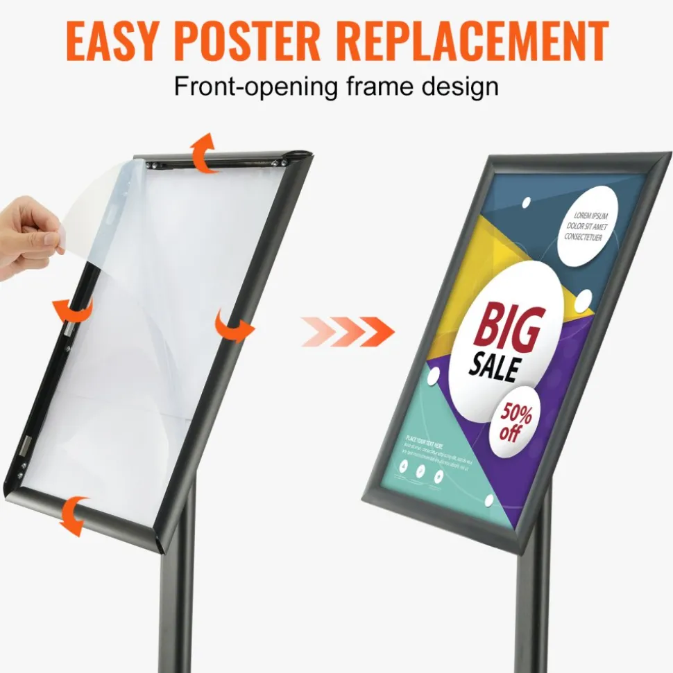 VEVOR Pedestal Sign Holder, 11 x 17 Inch Vertical and Horizontal Adjustable Poster Stand, Heavy-Duty Floor Standing Sign Holder with Metal Base for Display, Advertisement, and Outdoor, Black