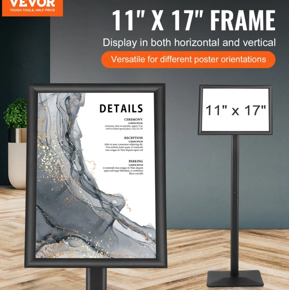 VEVOR Pedestal Sign Holder, 11 x 17 Inch Vertical and Horizontal Adjustable Poster Stand, Heavy-Duty Floor Standing Sign Holder with Metal Base for Display, Advertisement, and Outdoor, Black