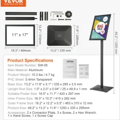 VEVOR Pedestal Sign Holder, 11 x 17 Inch Vertical and Horizontal Adjustable Poster Stand, Heavy-Duty Floor Standing Sign Holder with Metal Base for Display, Advertisement, and Outdoor, Black