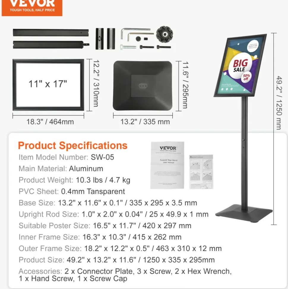 VEVOR Pedestal Sign Holder, 11 x 17 Inch Vertical and Horizontal Adjustable Poster Stand, Heavy-Duty Floor Standing Sign Holder with Metal Base for Display, Advertisement, and Outdoor, Black