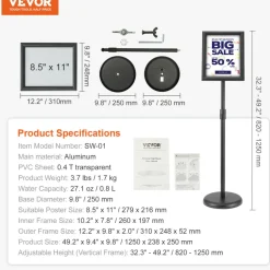 VEVOR Pedestal Sign Holder, 11 x 17 Inch Vertical and Horizontal Adjustable Poster Stand, Heavy-Duty Floor Standing Sign Holder with Round Base for Display, Advertisement, and Outdoor, Black