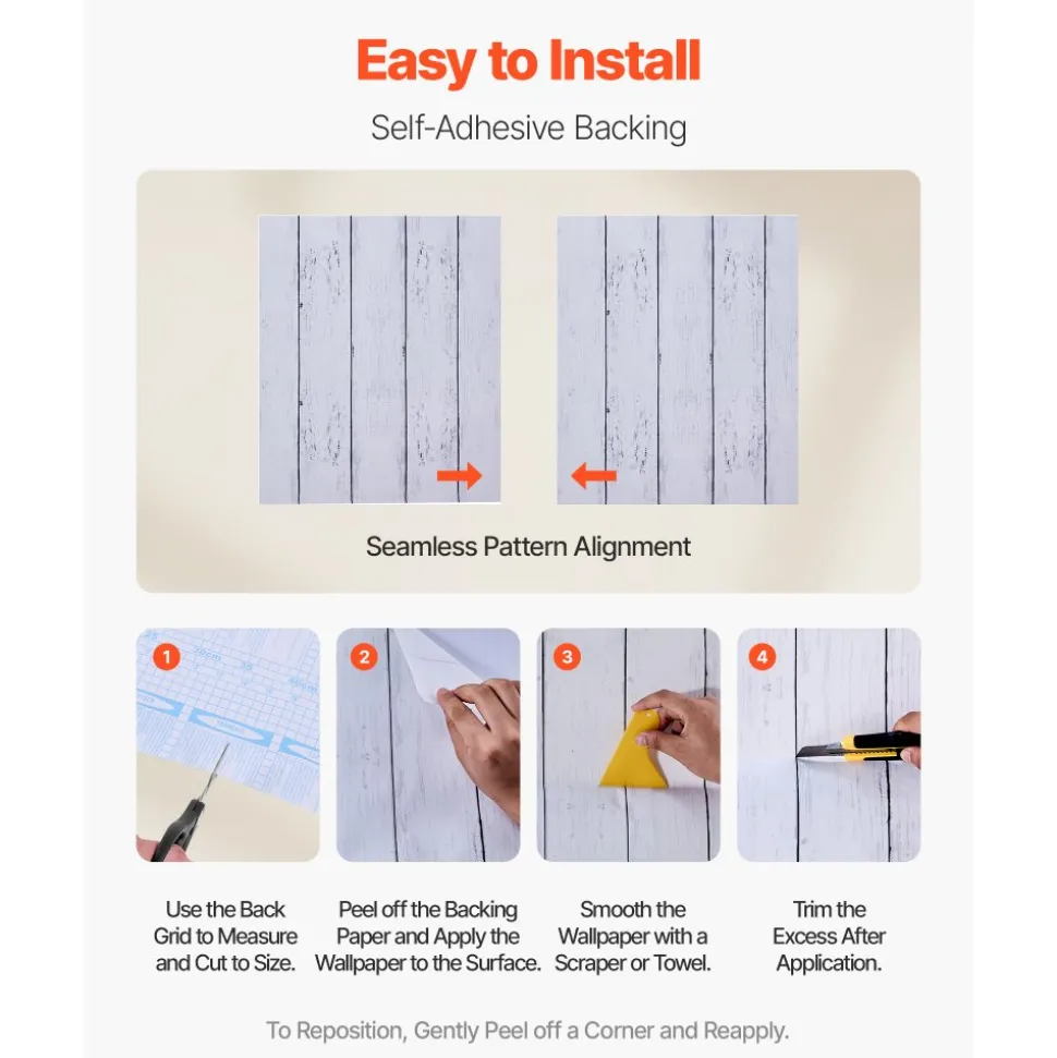 VEVOR Peel and Stick Wallpaper, 17.7 x 590.5 inch Contact Paper White Wood Textured Waterpoof Self Adhesive, Easy to Clean & Peel Wall Decorative Vinyl Roll for Bedroom Kitchen Bathroom Office Desk