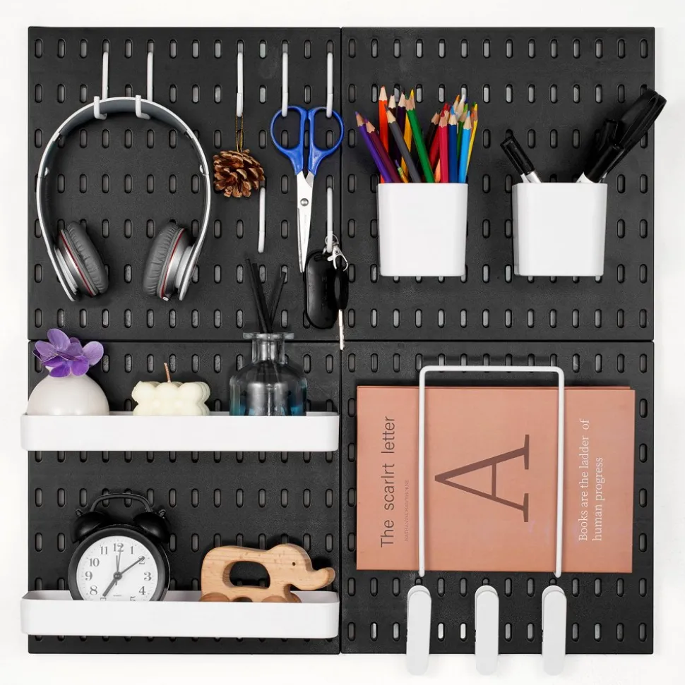 VEVOR Pegboard Combination Kit, 11" x 11" Plastic Pegboard, 4 Panels, Peg Board Wall Organizer Kit with Accessories, for Garage Tool Storage Kitchen Living Room Craft Room Office Bathroom Home, Black