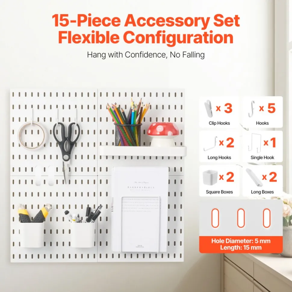 VEVOR Pegboard Combination Kit, 11" x 11" Plastic Pegboard, 4 Panels, Peg Board Wall Organizer Kit with Accessories, for Garage Tool Storage Kitchen Living Room Craft Room Office Bathroom Home, White