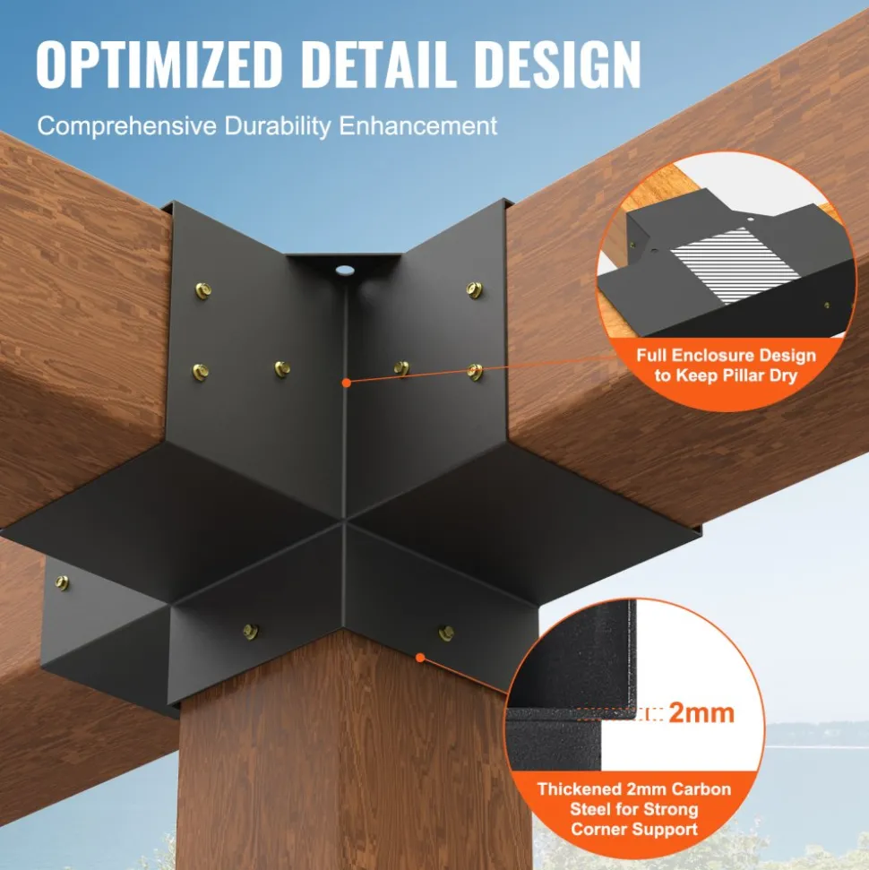 VEVOR Pergola Bracket Kit 6''x6''(Inner Size 5.6x5.6), 2pcs 4-Way Heavy Duty Corner Bracket Woodworks DIY Post Base Kit, Easy Installation Wooden Beams for Gazebos, Patio Pergolas, Log Cabin Outdoor