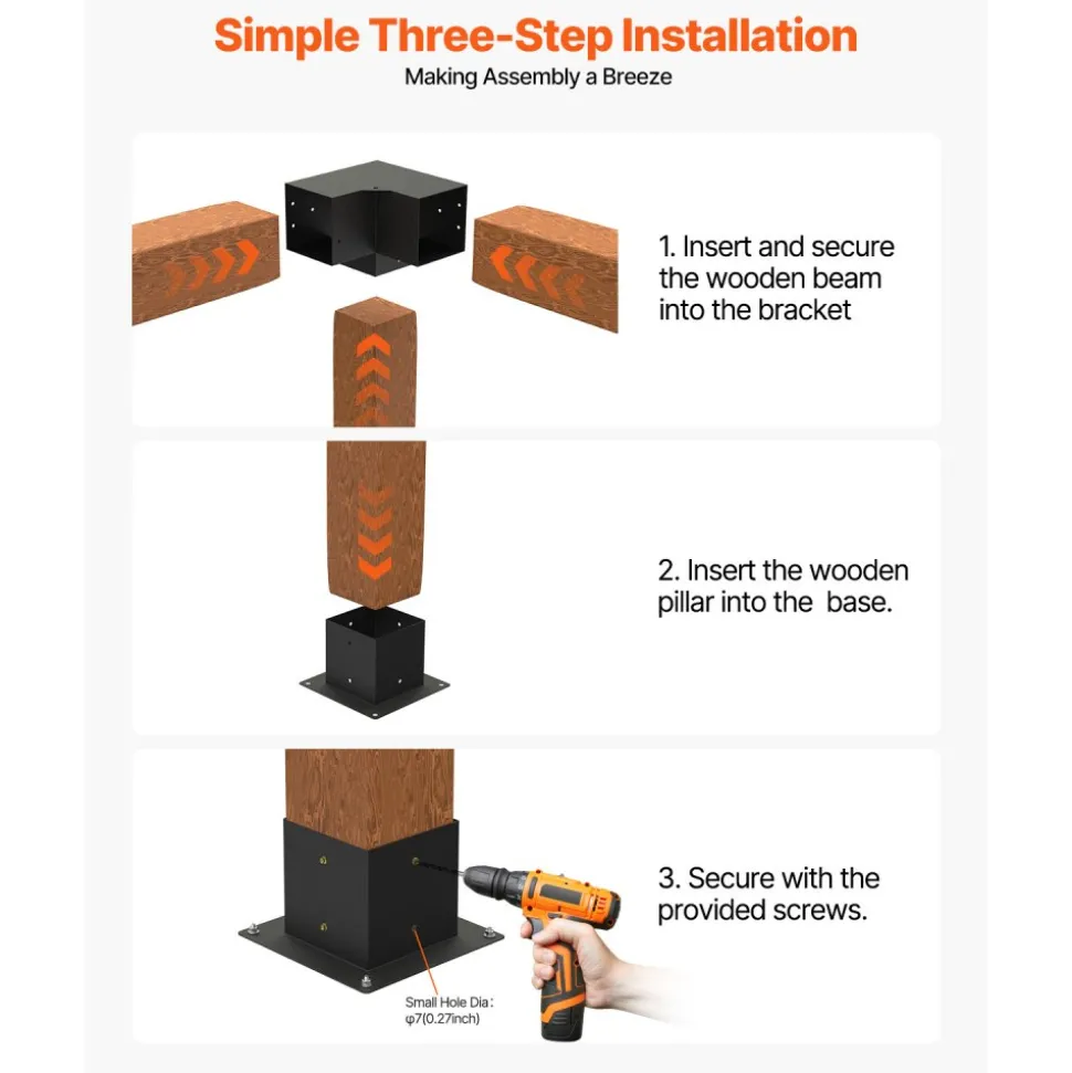 VEVOR Pergola Bracket Kit, 4x4 Inch (Inner Size 3.5x3.5), 4 Pcs 3-Way Heavy Duty Corner Bracket Woodworks DIY Post Base Kit, Easy Installation Wooden Beams for Gazebos, Patio Pergolas, Log Cabin