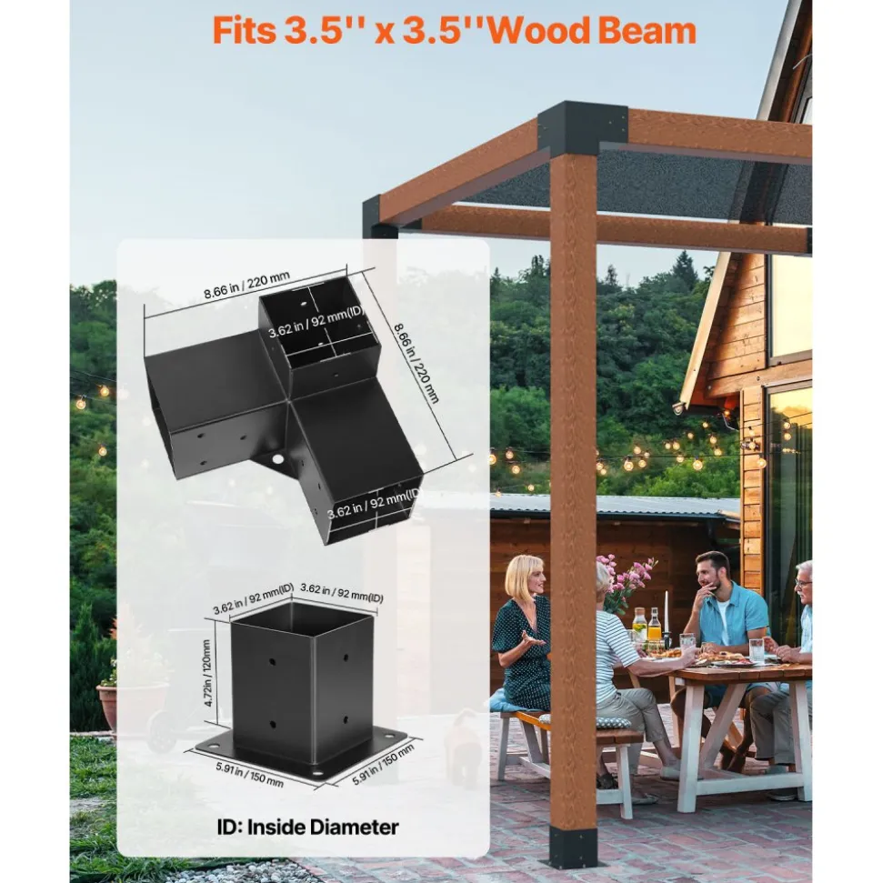 VEVOR Pergola Bracket Kit, 4x4 Inch (Inner Size 3.5x3.5), 4 Pcs 3-Way Heavy Duty Corner Bracket Woodworks DIY Post Base Kit, Easy Installation Wooden Beams for Gazebos, Patio Pergolas, Log Cabin