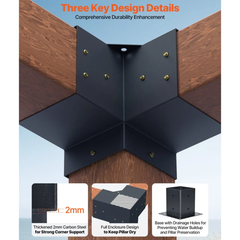 VEVOR Pergola Bracket Kit, 4x4 Inch (Inner Size 3.5x3.5), 4 Pcs 3-Way Heavy Duty Corner Bracket Woodworks DIY Post Base Kit, Easy Installation Wooden Beams for Gazebos, Patio Pergolas, Log Cabin