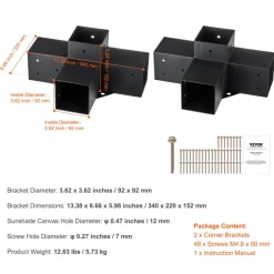 VEVOR Pergola Bracket Kit 4''x4''(Inner Size 3.6x3.6), 2pcs 4-Way Heavy Duty Corner Bracket Woodworks DIY Post Base Kit, Easy Installation Wooden Beams for Gazebos, Patio Pergolas, Log Cabin Outdoor