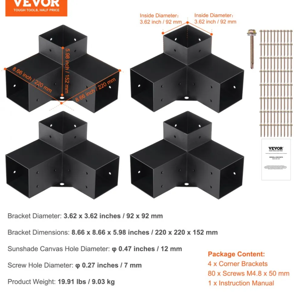 VEVOR Pergola Bracket Kit 4''x4''(Inner Size 3.6x3.6), 4pcs 3-Way Heavy Duty Corner Bracket Woodworks DIY Post Base Kit, Easy Installation Wooden Beams for Gazebos, Patio Pergolas, Log Cabin Outdoor