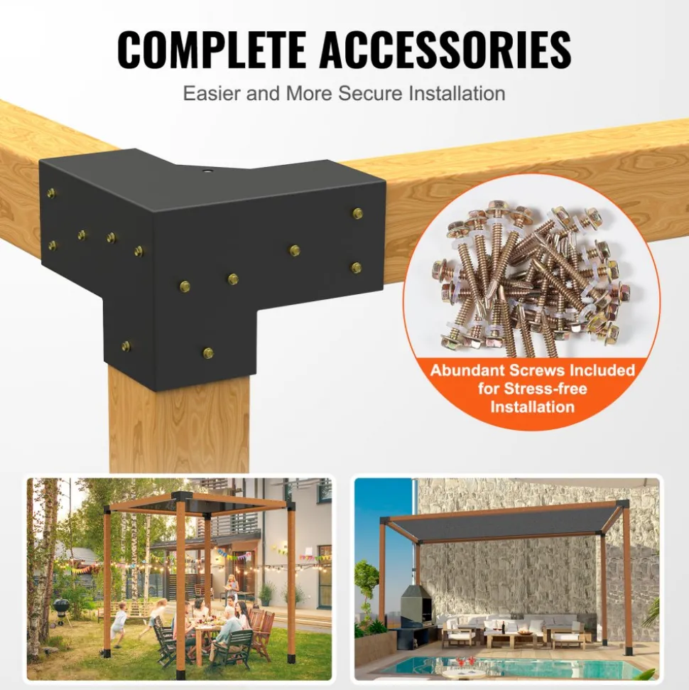 VEVOR Pergola Bracket Kit 4''x4''(Inner Size 3.6x3.6), 4pcs 3-Way Heavy Duty Corner Bracket Woodworks DIY Post Base Kit, Easy Installation Wooden Beams for Gazebos, Patio Pergolas, Log Cabin Outdoor